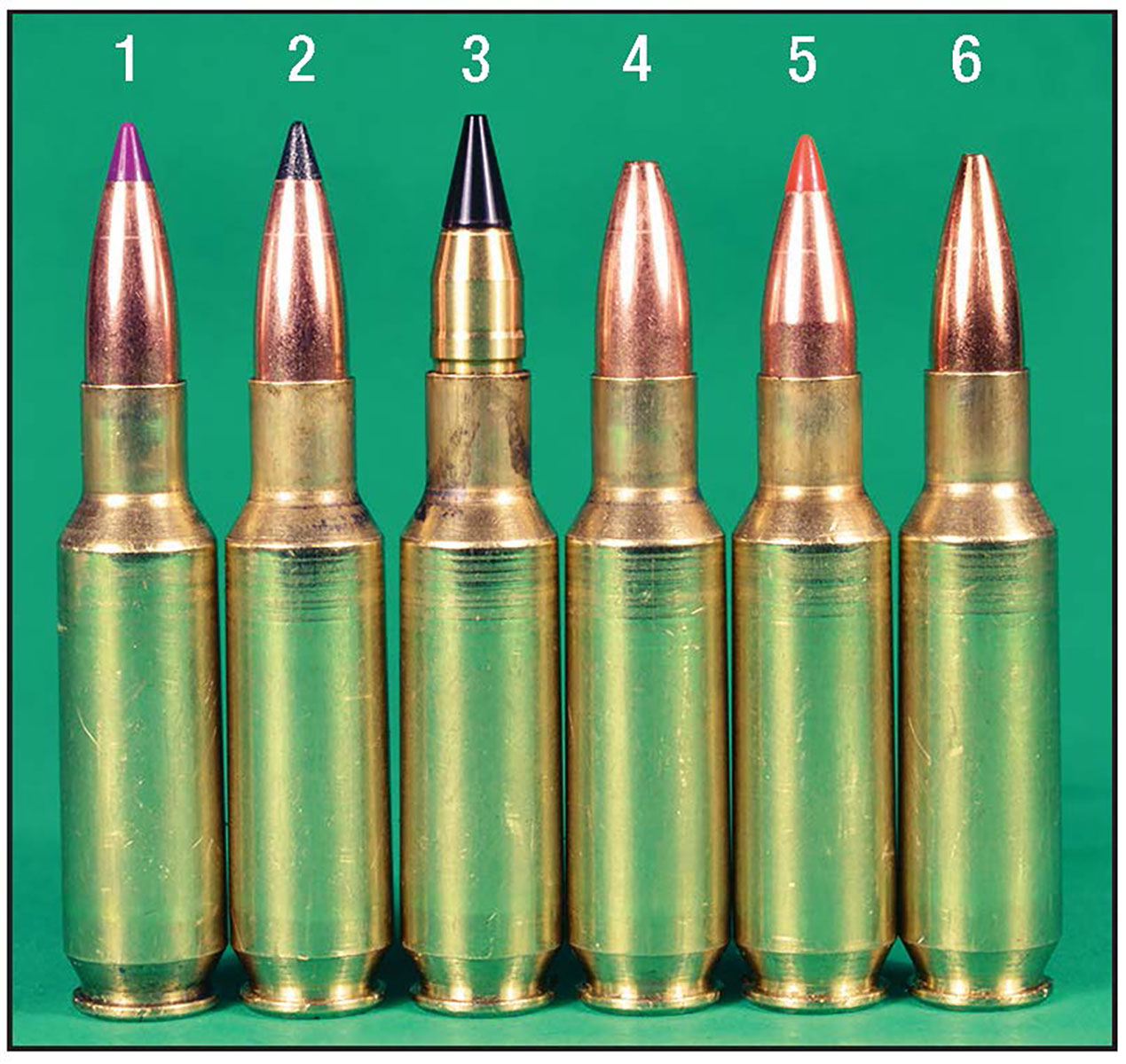 Lightweight bullets tested include the (1) Nosler 55-grain Ballistic Tip Varmint, (2) Nosler 55 Varmageddon, (3) Cutting Edge 55 ESP Raptor, (4) Barnes 58 Varmin-A-Tor, (5) Hornady 58 V-MAX and the (6) Berger 60-grain FB Varmint.